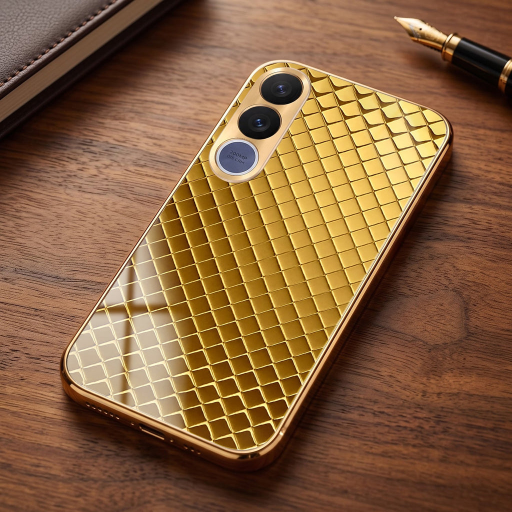 Vivo V70 FE 5G Golden Criss Cross Gold Electroplated Glass Phone Back Case