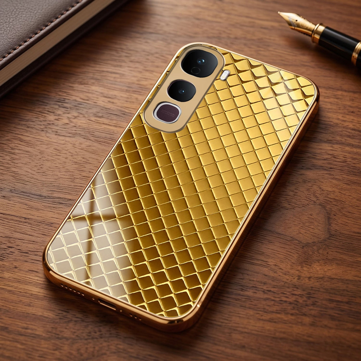 Vivo Y400 Pro 5G Golden Criss Cross Gold Electroplated Glass Phone Back Case