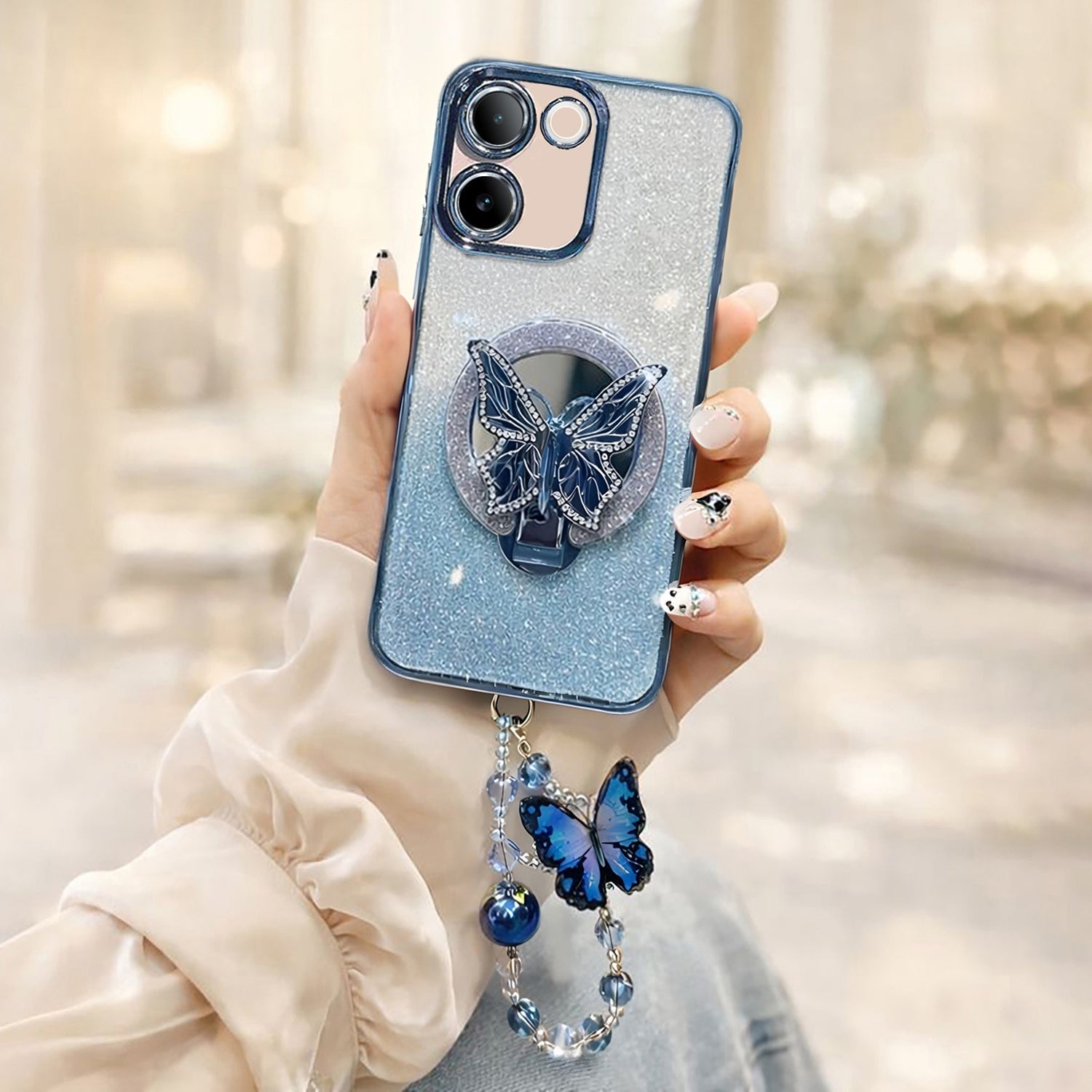 Vivo T2 Pro 5G Stunning Shimmer Electroplating Butterfly Stand Charm Case