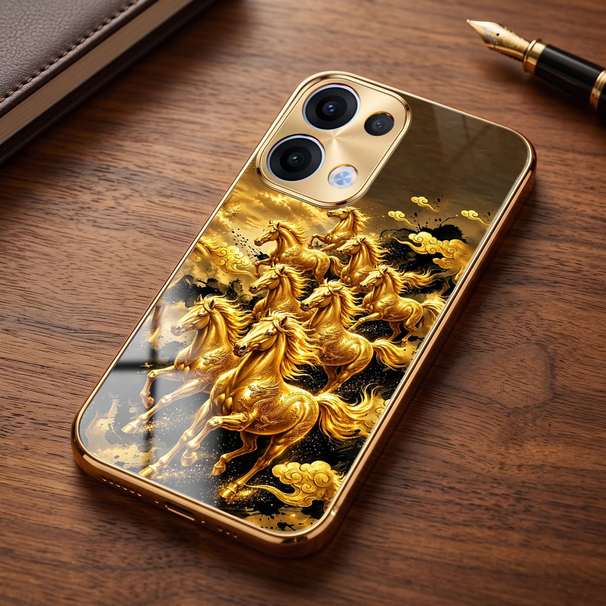 Oppo Reno 13 5G Horses Royal Glory Gold Electroplated Glass Phone Back Case