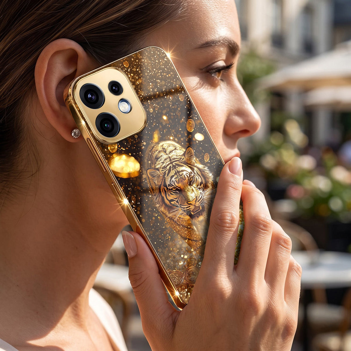 Oppo Reno 16 5G Luxury Tiger Gold Electroplated Glass Phone Back Case