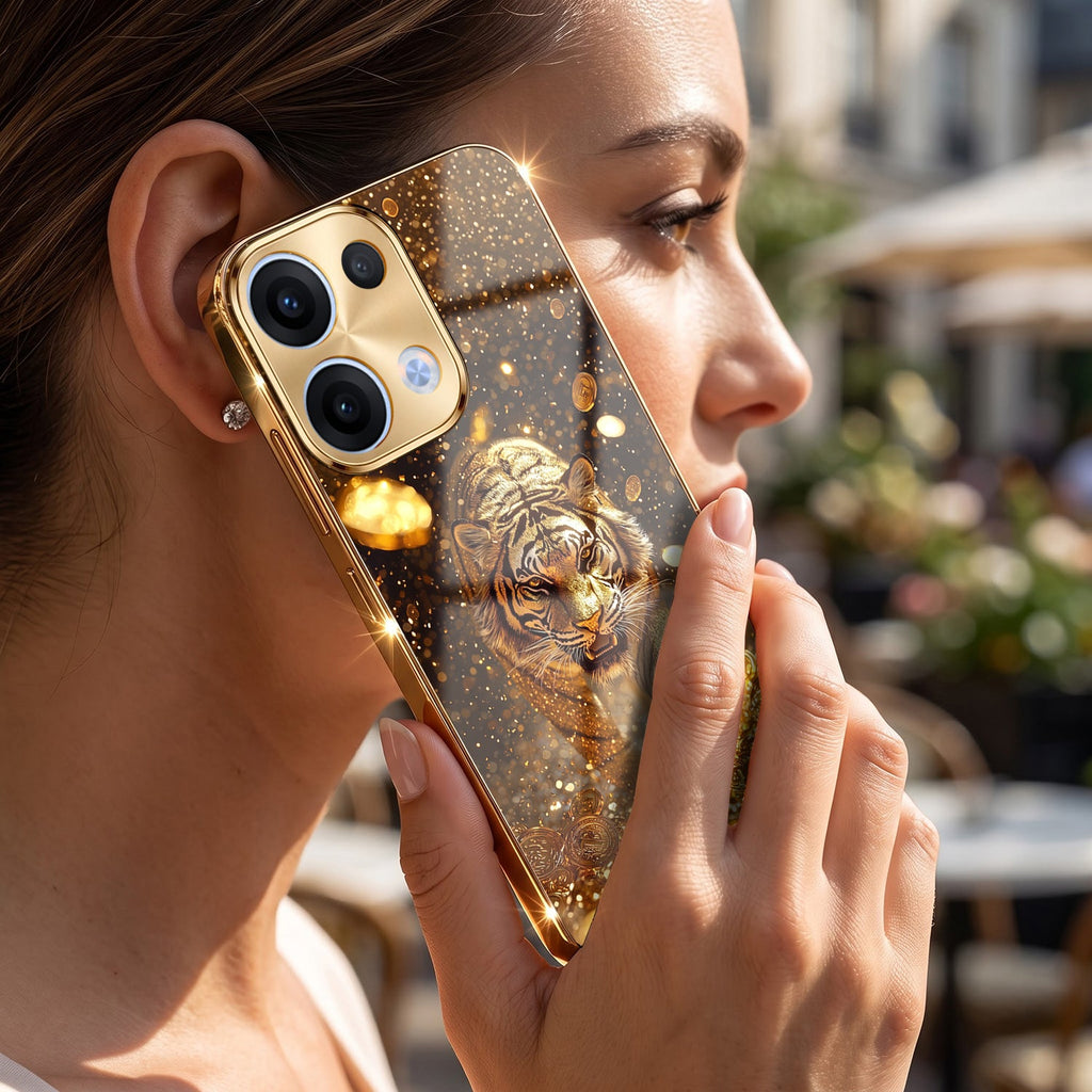 Oppo Reno 13 5G Luxury Tiger Gold Electroplated Glass Case