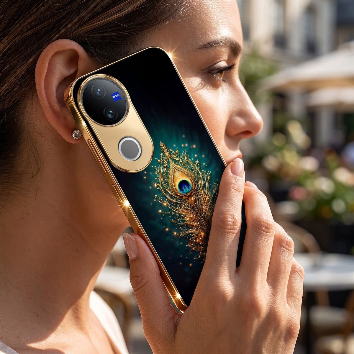 Vivo T4R 5G Golden Peacock Feather Gold Electroplated Glass Phone Back Case
