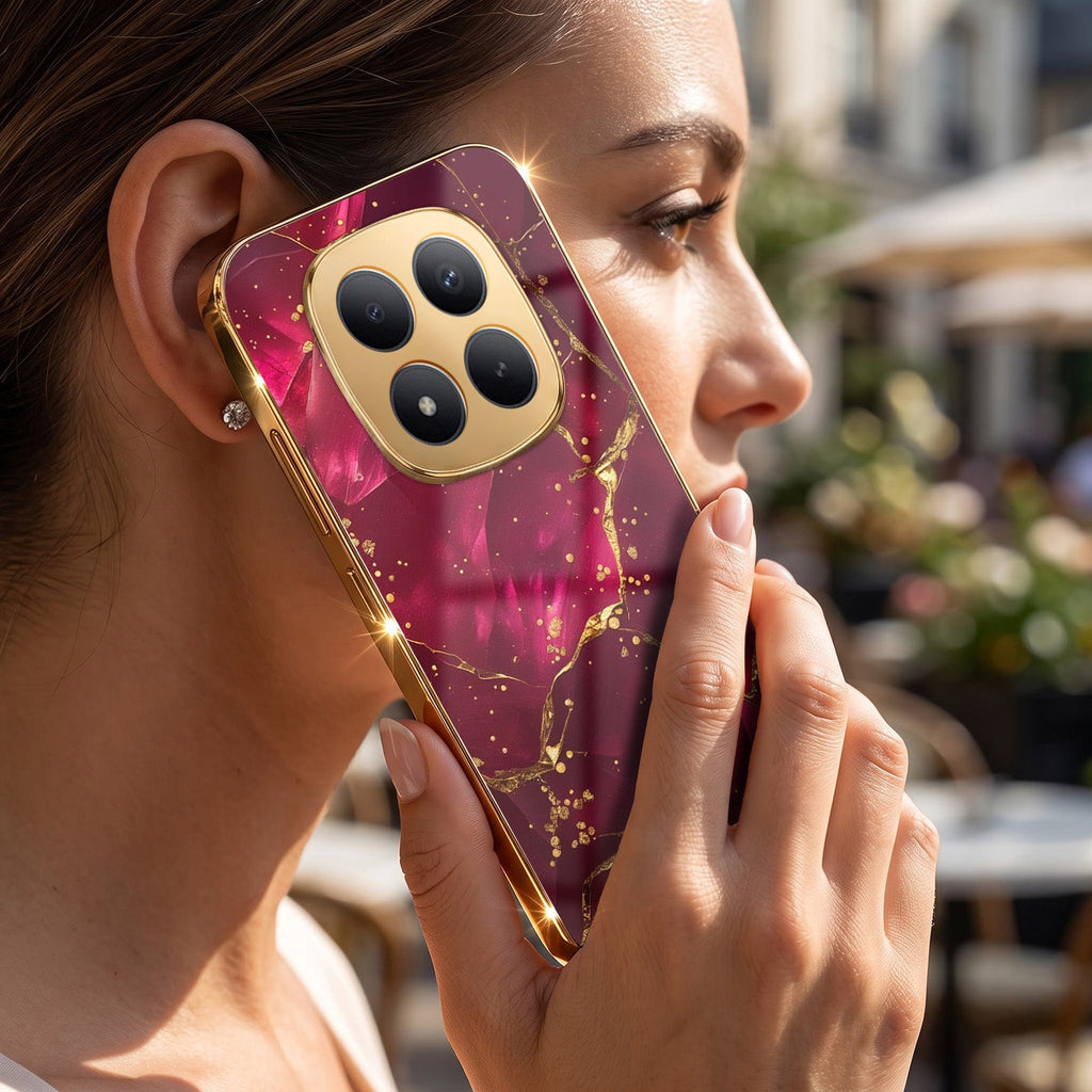 Redmi Note 15 Pro Plus 5G Luxury Crimson Marble Gold Electroplated Glass Phone Back Case