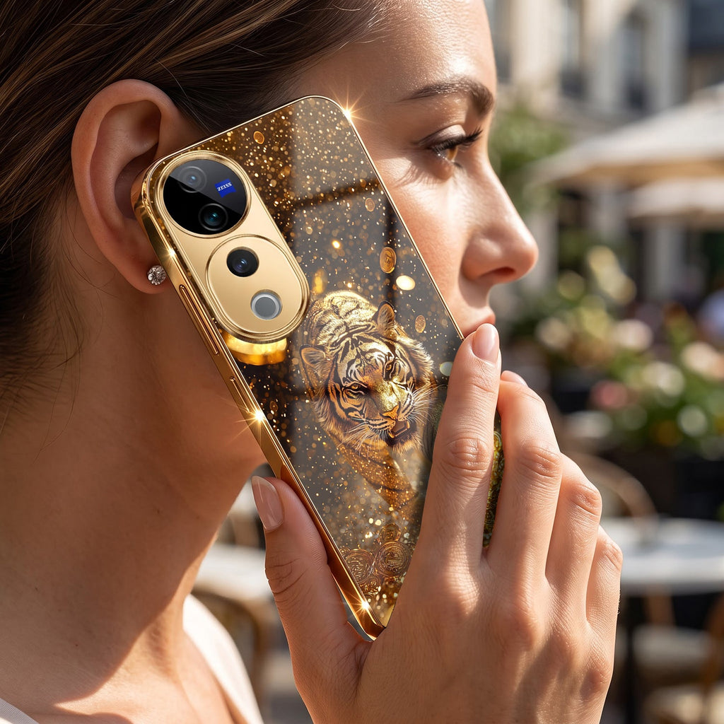 Vivo V40 Pro 5G Luxury Tiger Gold Electroplated Glass Case