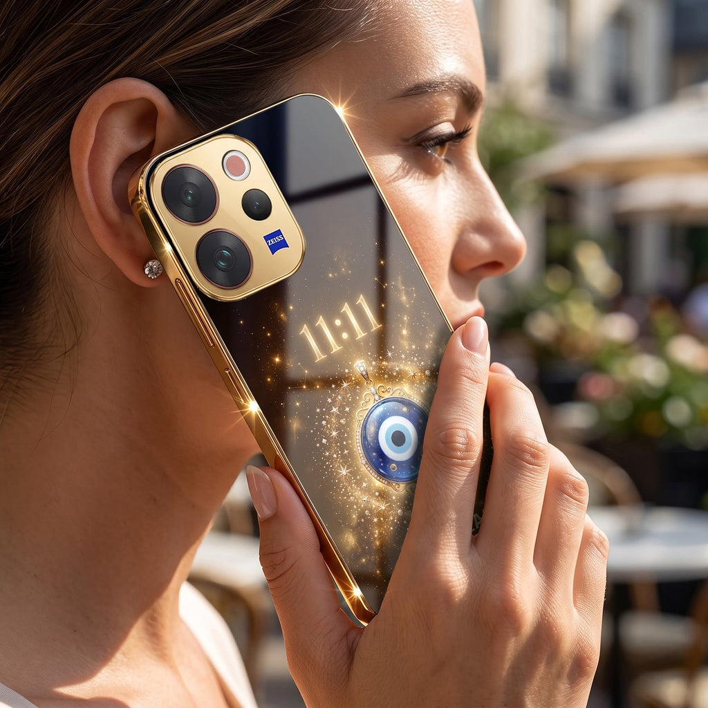 Vivo V70 5G God’s Plan Evil Eye Gold Electroplated Glass Phone Back Case