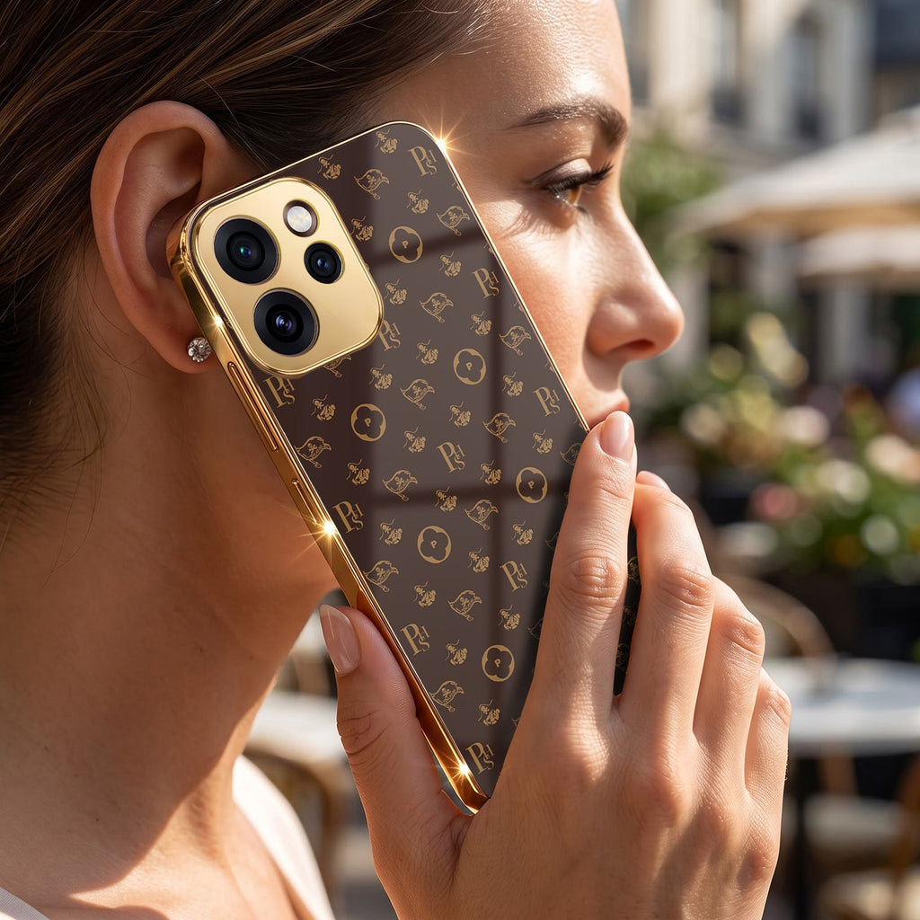 Oppo Reno 15 Mini 5G Luxury Monogram Brown Electroplated Gold Glass Case