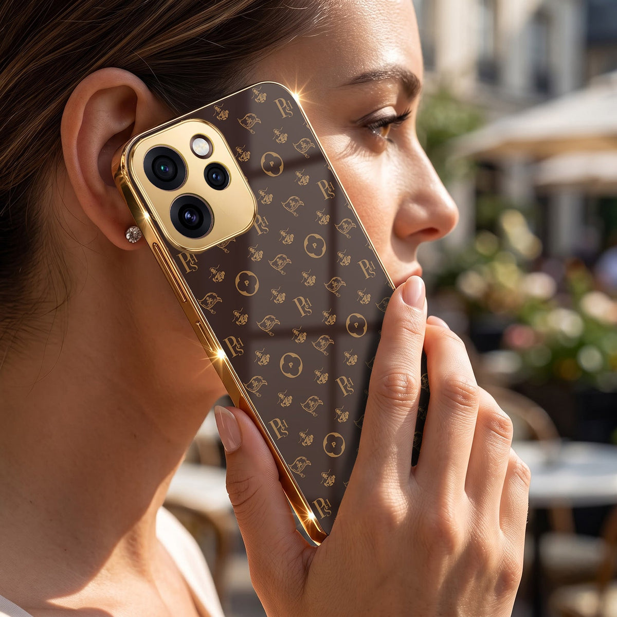 Oppo Reno 15 Mini 5G Luxury Monogram Brown Electroplated Gold Glass Case