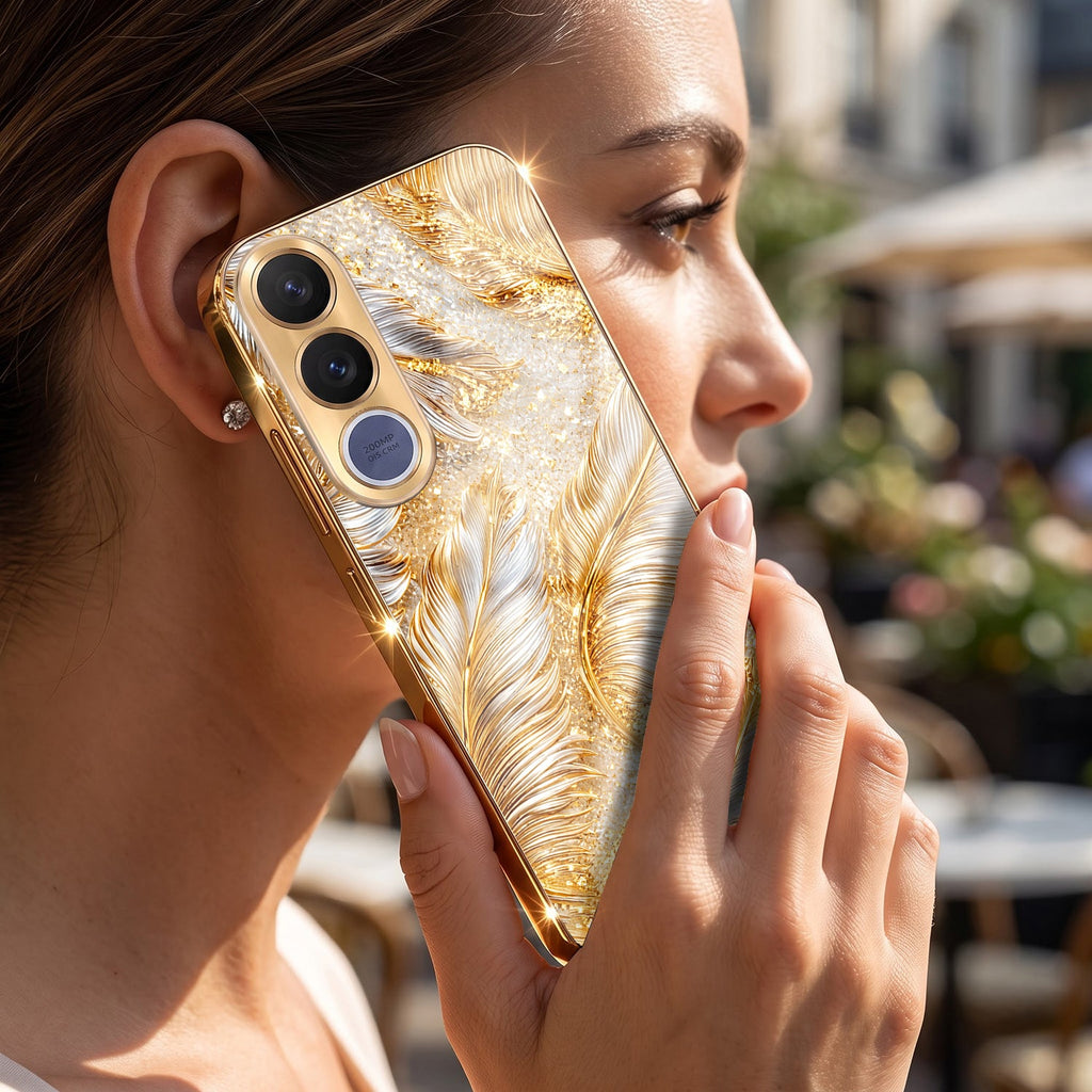 Vivo V70 FE 5G Golden Feather Marble Gold Electroplated Glass Phone Back Case