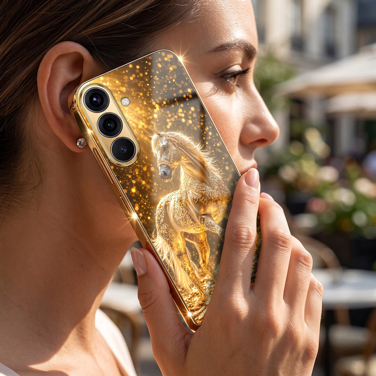Samsung Galaxy A56 5G Golden Horse Sparkle Gold Electroplated Glass Phone Back Case