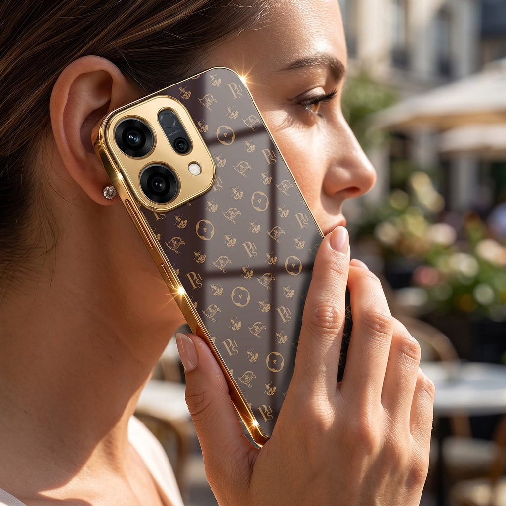 Oppo Reno 14 5G Luxury Monogram Brown Electroplated Gold Glass Case