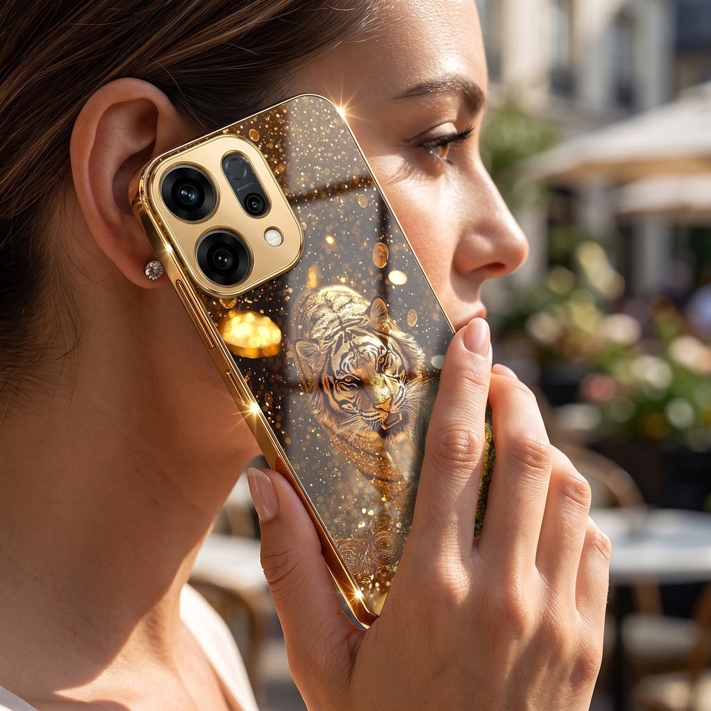 Oppo Reno 14 5G Luxury Tiger Gold Electroplated Glass Case