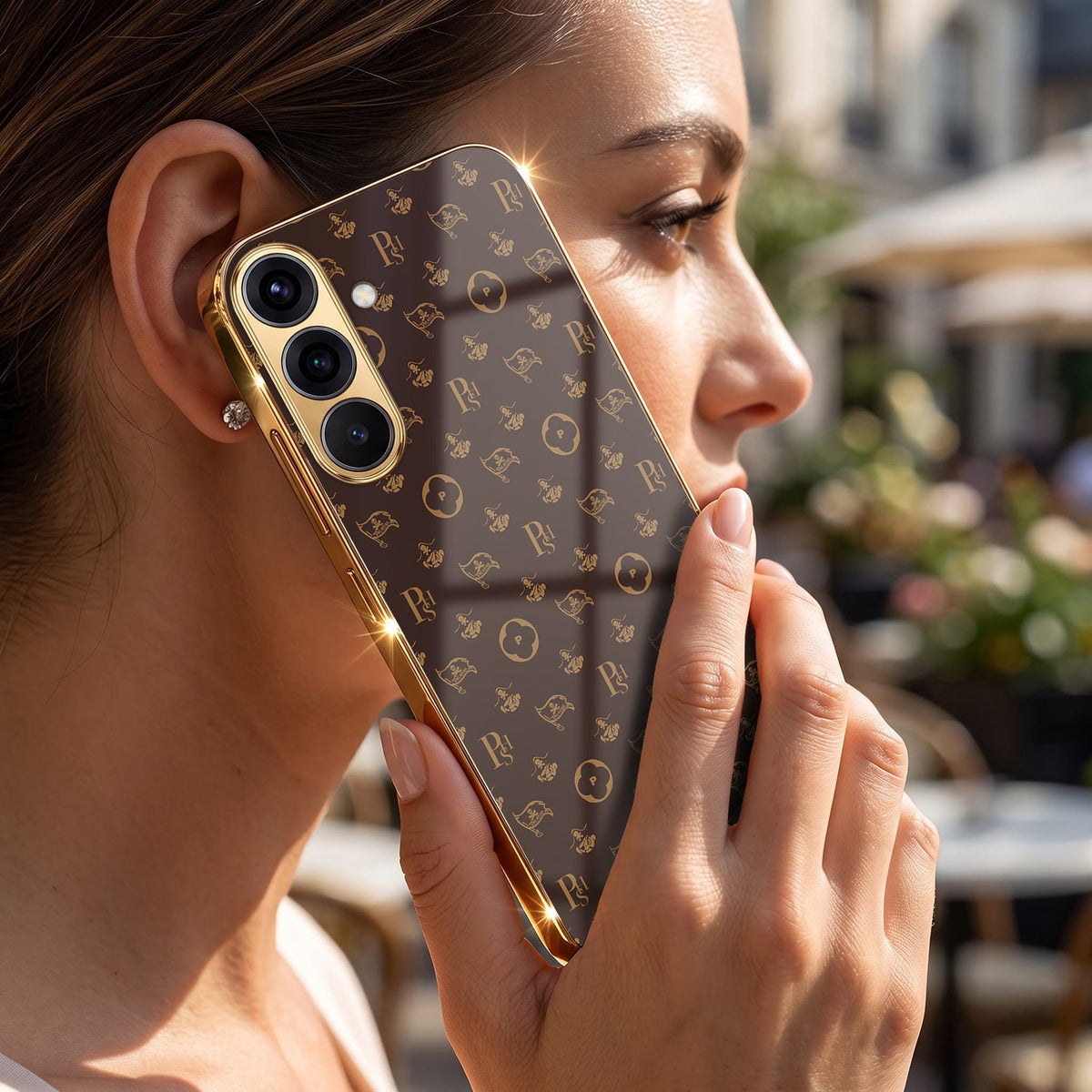 Samsung Galaxy A56 5G Luxury Monogram Brown Gold Electroplated Glass Phone Back Case