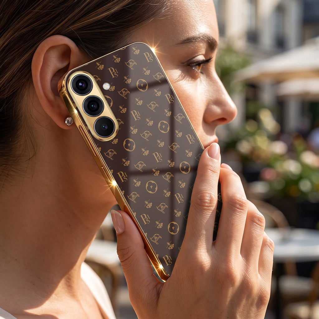 Samsung Galaxy A36 5G Luxury Monogram Brown Gold Electroplated Glass Phone Back Case