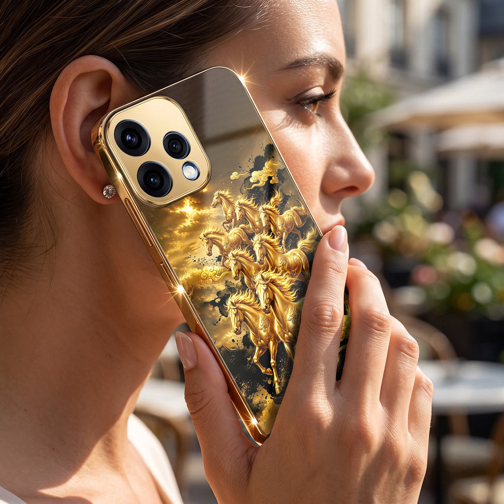 Oppo Reno 15 5G Horses Royal Glory Gold Electroplated Glass Phone Back Case