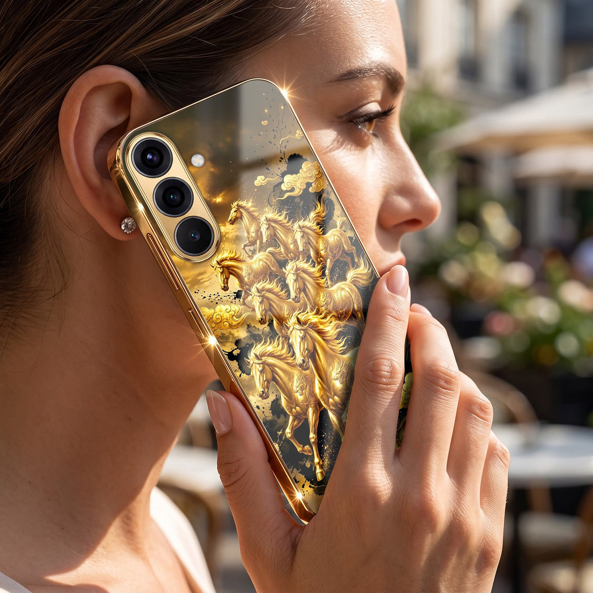 Samsung Galaxy A56 5G Horses Royal Glory Gold Electroplated Glass Phone Back Case