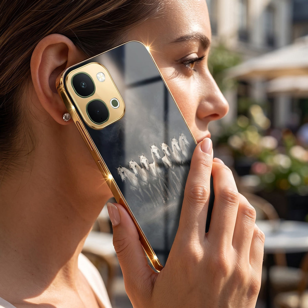 Vivo Y51 Pro 5G Running Horses Gold Electroplated Glass Phone Back Case