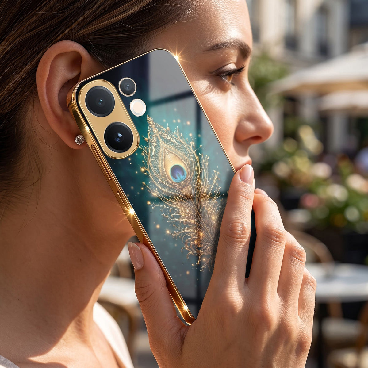 Vivo V60e 5G Golden Peacock Feather Gold Electroplated Glass Phone Back Case