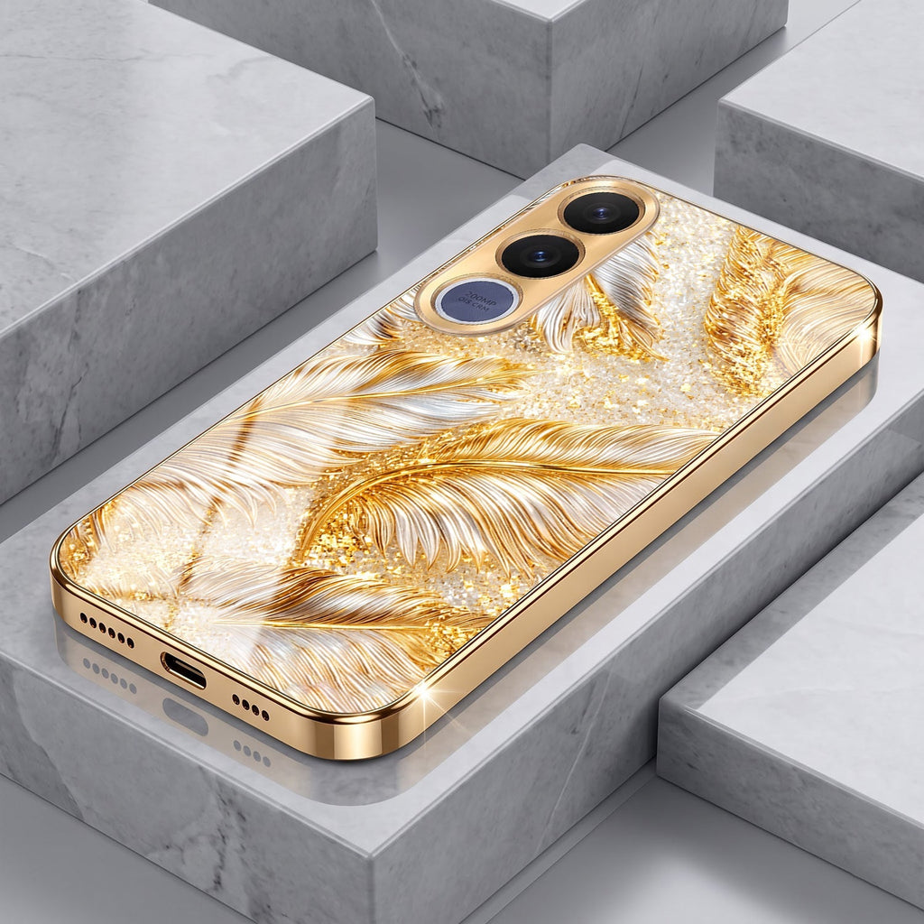 Vivo V70 FE 5G Golden Feather Marble Gold Electroplated Glass Phone Back Case