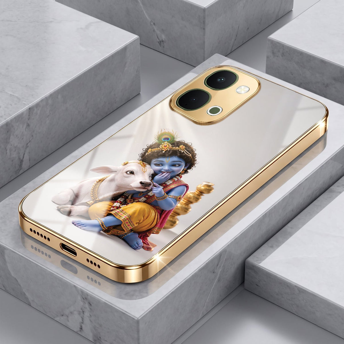 Vivo Y51 Pro 5G Bal Krishna Blessings Gold Electroplated Glass Phone Back Case