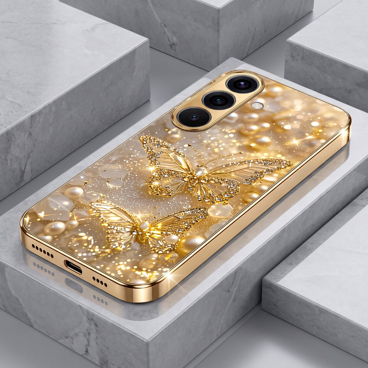 Samsung Galaxy A56 5G Golden Butterfly Gold Electroplated Glass Phone Back Case