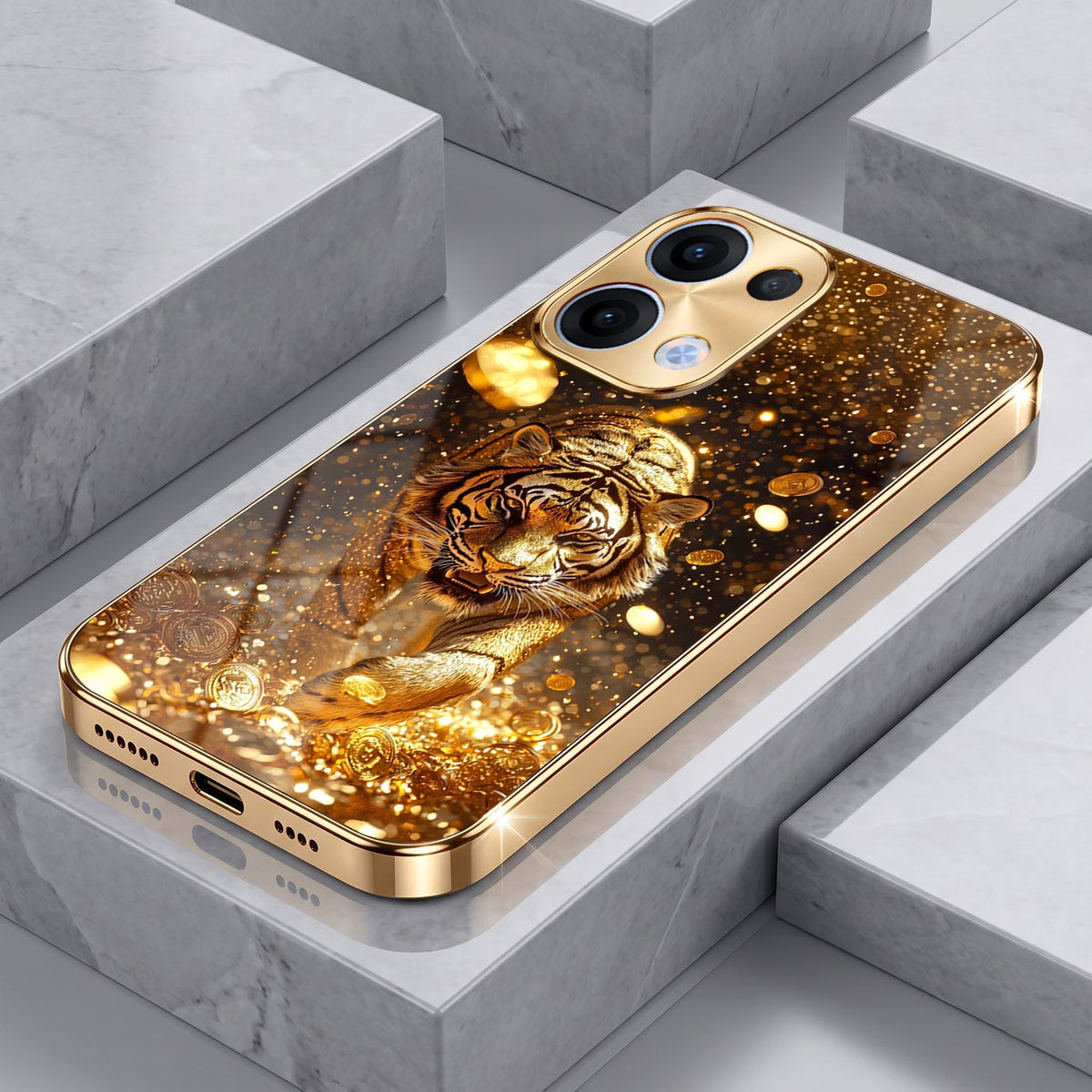 Oppo Reno 13 5G Luxury Tiger Gold Electroplated Glass Case