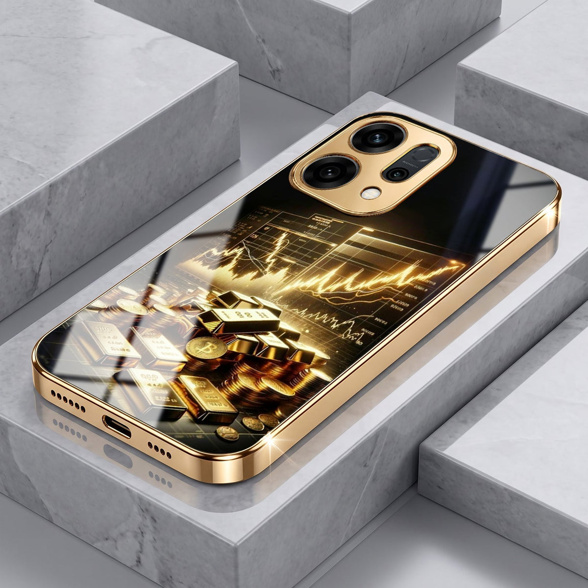 Oppo Reno 14 5G Luxury Wealth Trader Gold Electroplated Glass Case