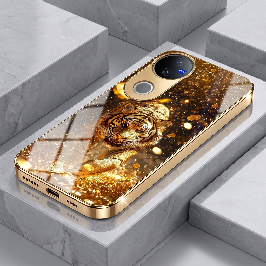 Vivo V50 5G Luxury Tiger Gold Electroplated Glass Case