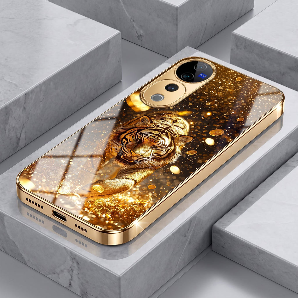 Oppo Reno 15 Mini 5G Luxury Tiger Gold Electroplated Glass Case