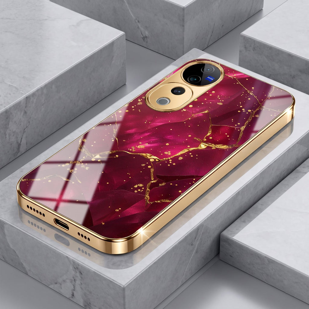 Vivo V40 Pro 5G Luxury Crimson Gold Marble Electroplated Glass Case