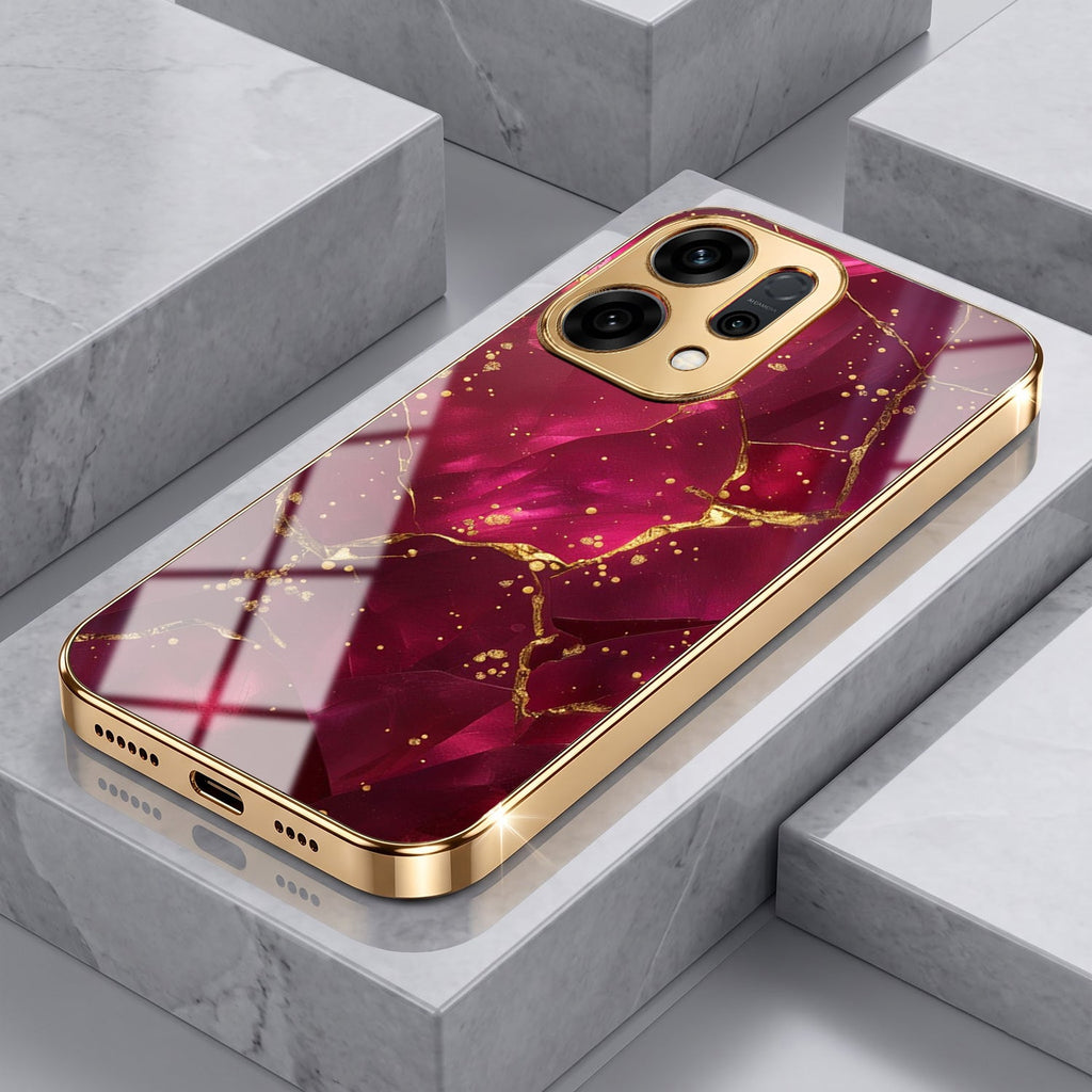 Oppo Reno 14 5G Luxury Crimson Gold Marble Electroplated Glass Case
