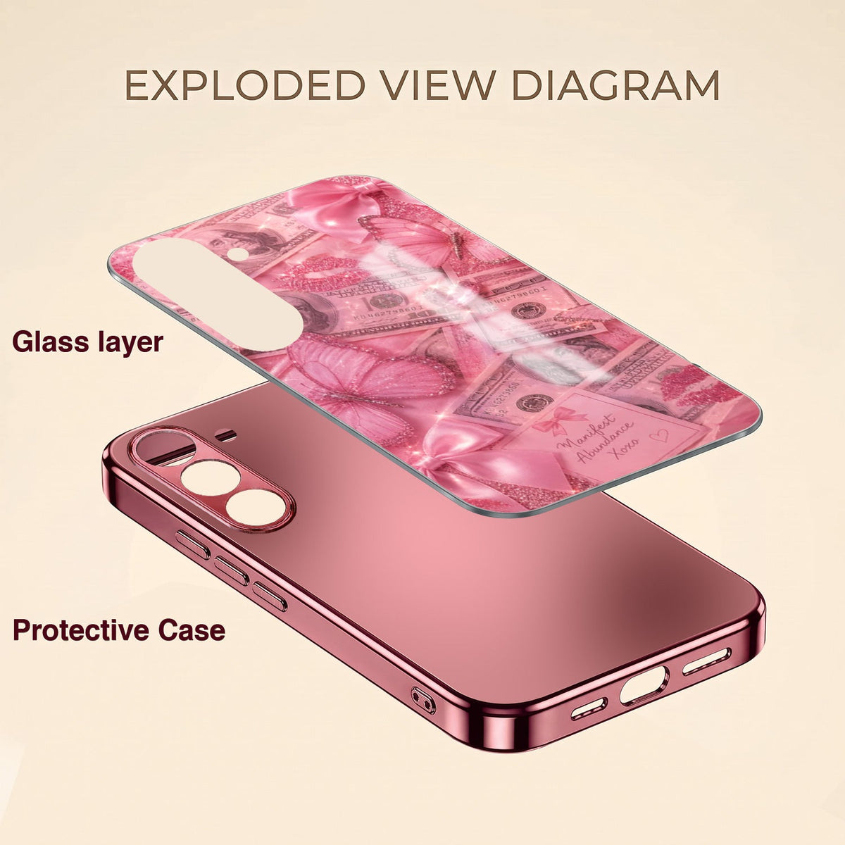 Samsung Galaxy A36 5G Luxury Dollar Butterfly Pink Electroplated Glass Phone Back Case