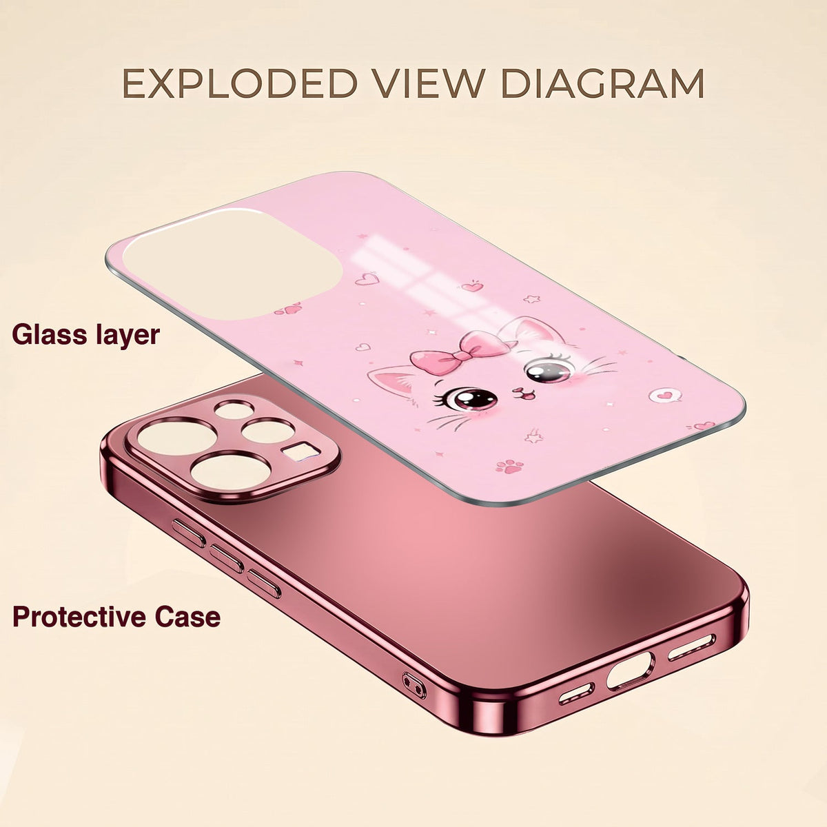 Vivo V70 5G Luxury Cute Cat Pink Electroplated Glass Phone Back Case