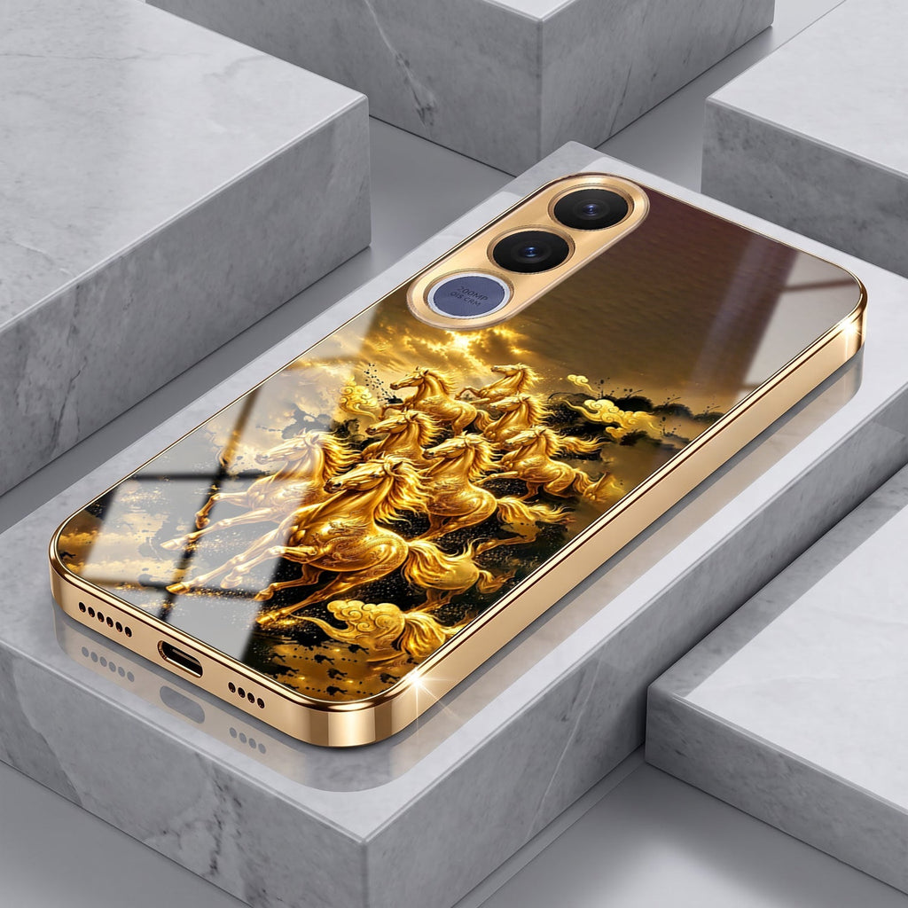 Vivo V70 FE 5G Horses Royal Glory Gold Electroplated Glass Phone Back Case