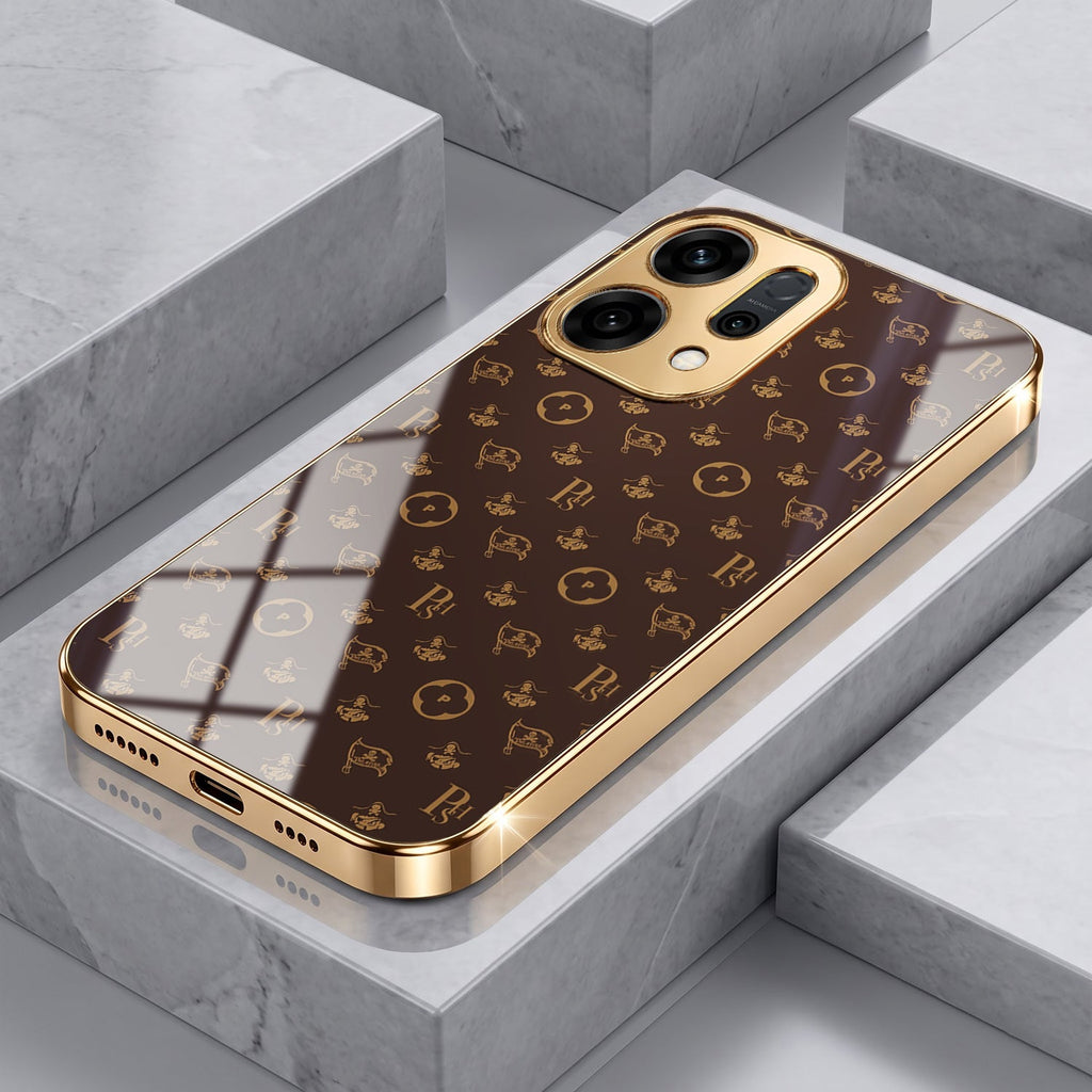 Oppo Reno 14 5G Luxury Monogram Brown Electroplated Gold Glass Case