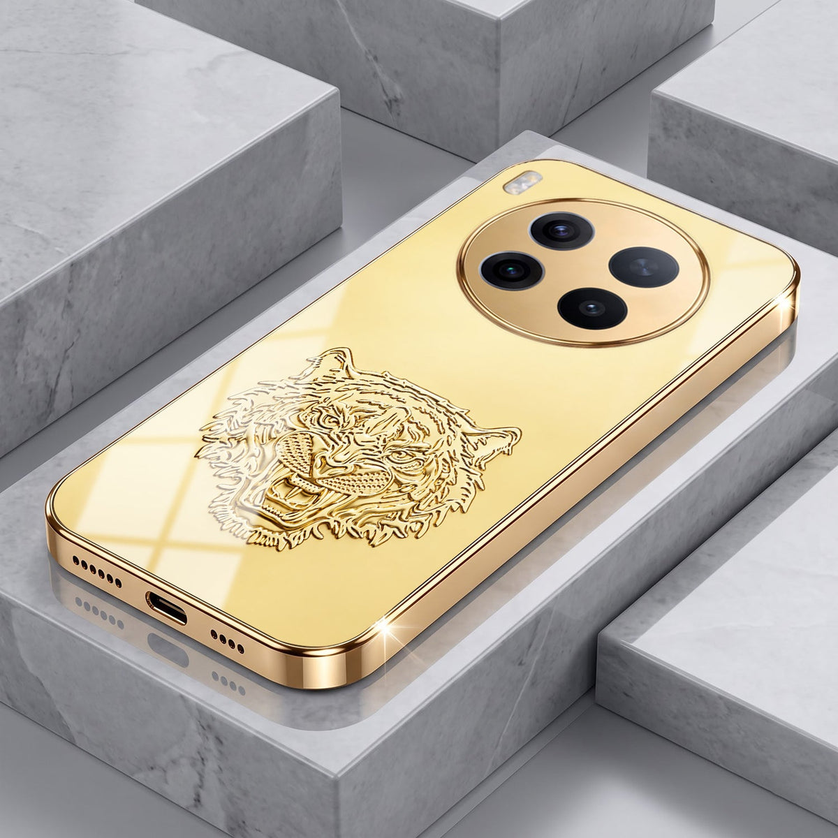 Vivo X300 Pro 5G Golden Tiger Face Gold Electroplated Glass Phone Back Case