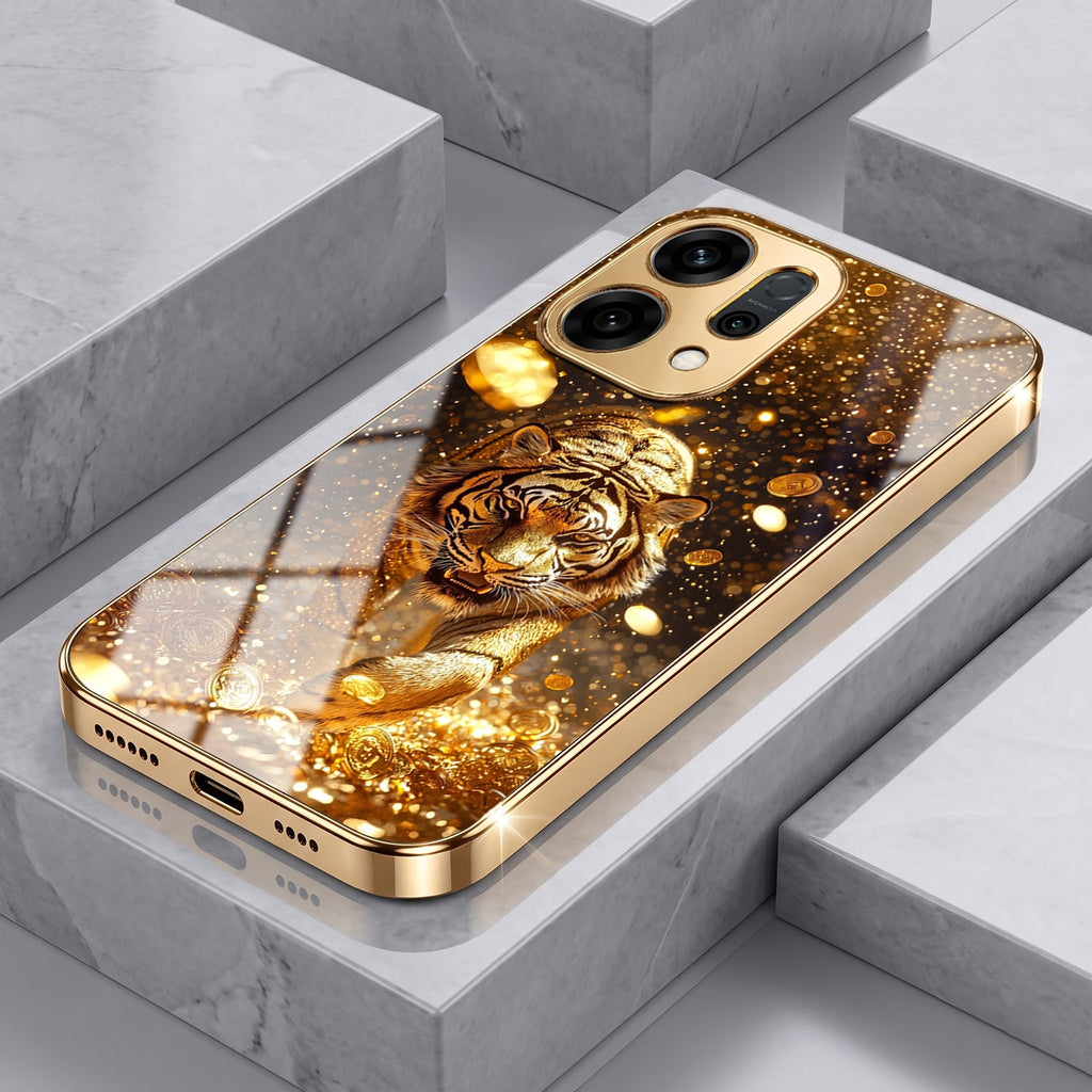 Oppo Reno 14 5G Luxury Tiger Gold Electroplated Glass Case