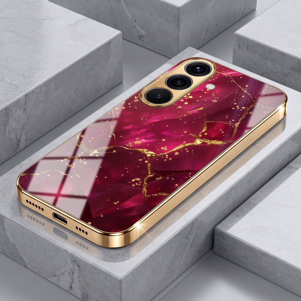 Samsung Galaxy A56 5G Luxury Crimson Marble Gold Electroplated Glass Phone Back Case
