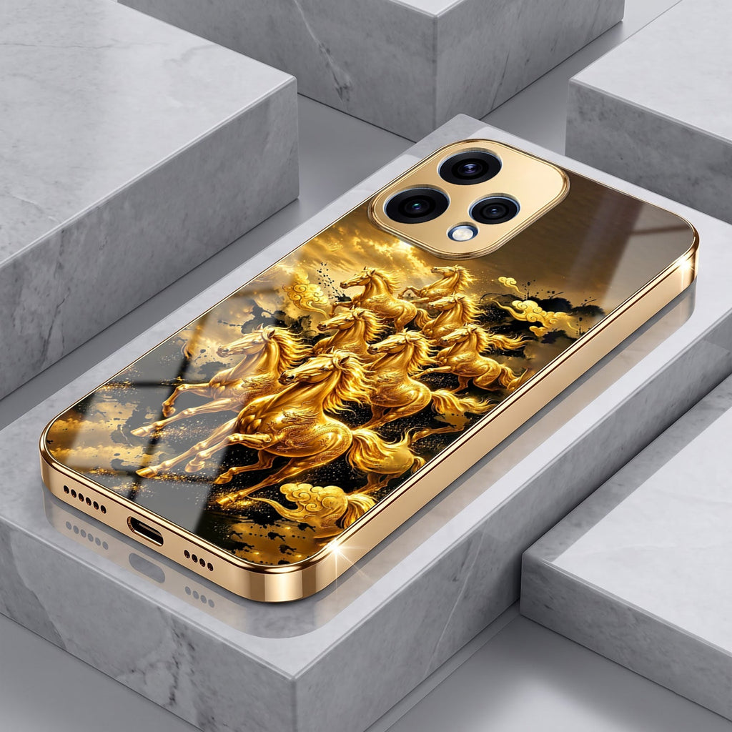 Oppo Reno 15 5G Horses Royal Glory Gold Electroplated Glass Phone Back Case