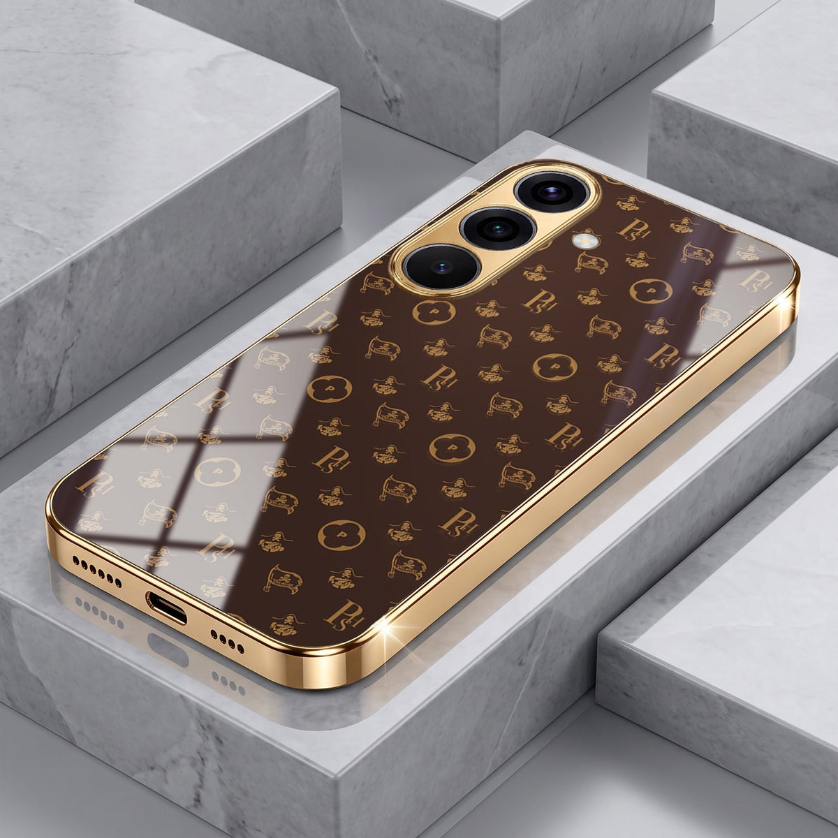 Samsung Galaxy A56 5G Luxury Monogram Brown Gold Electroplated Glass Phone Back Case
