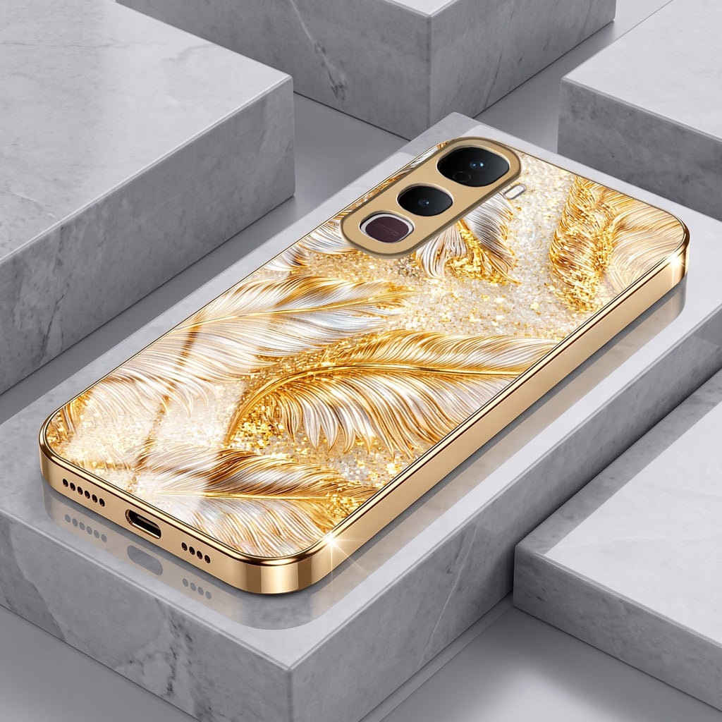 Vivo Y400 Pro 5G Golden Feather Marble Gold Electroplated Glass Phone Back Case