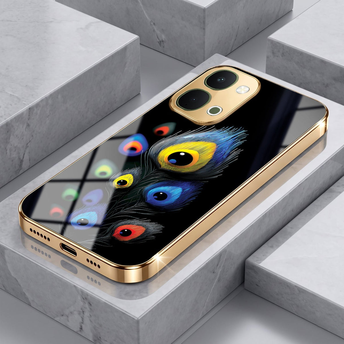 Vivo Y51 Pro 5G Multi-Feather Peacock Gold Electroplated Glass Phone Back Case