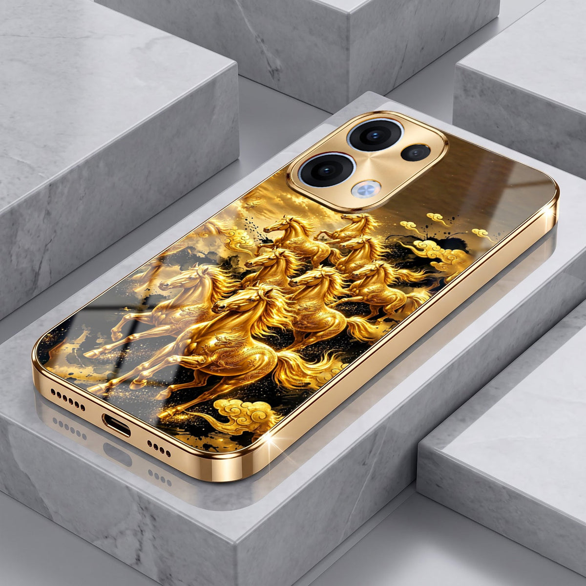 Oppo Reno 13 5G Horses Royal Glory Gold Electroplated Glass Phone Back Case