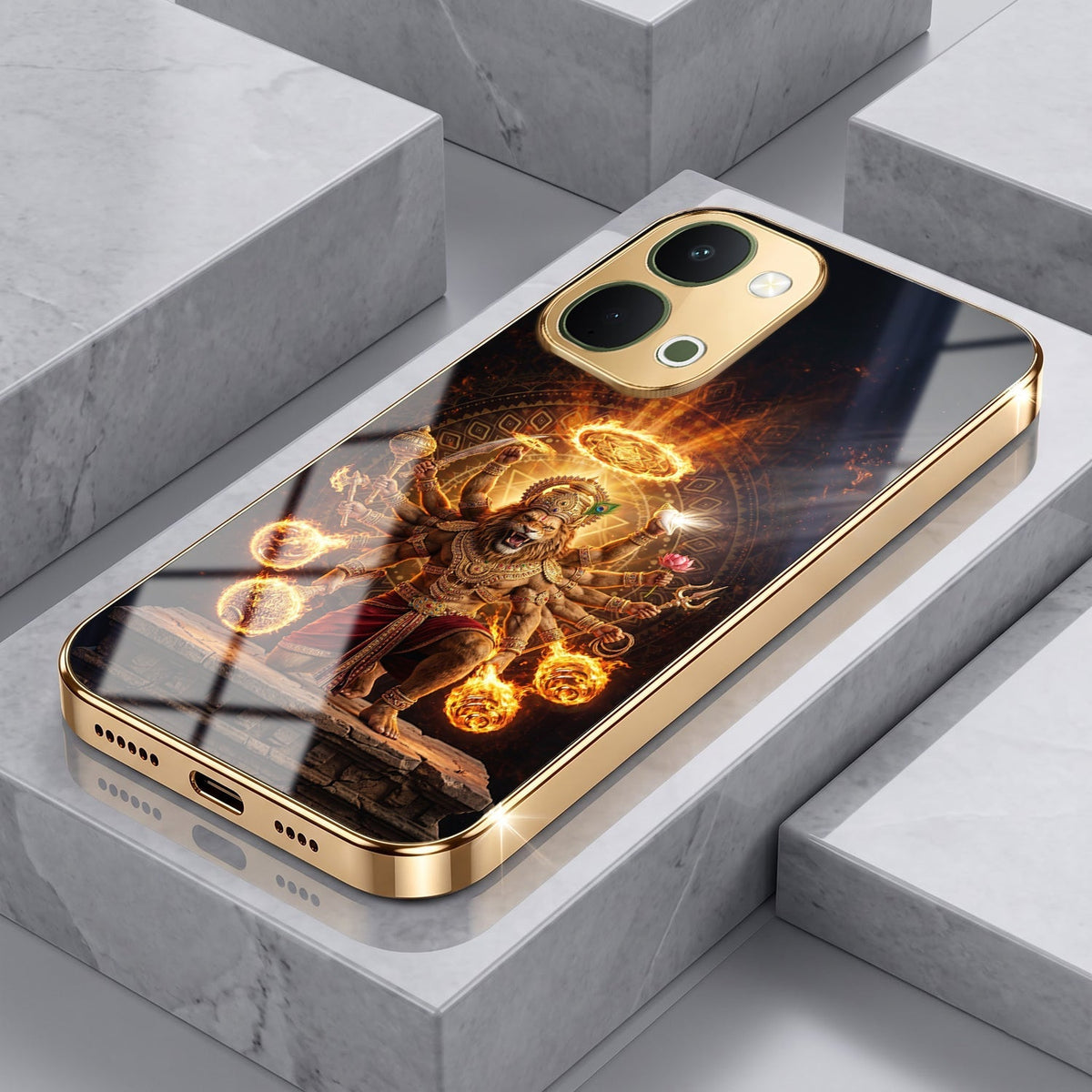 Vivo Y51 Pro 5G Lord Narasimha Gold Electroplated Glass Phone Back Case