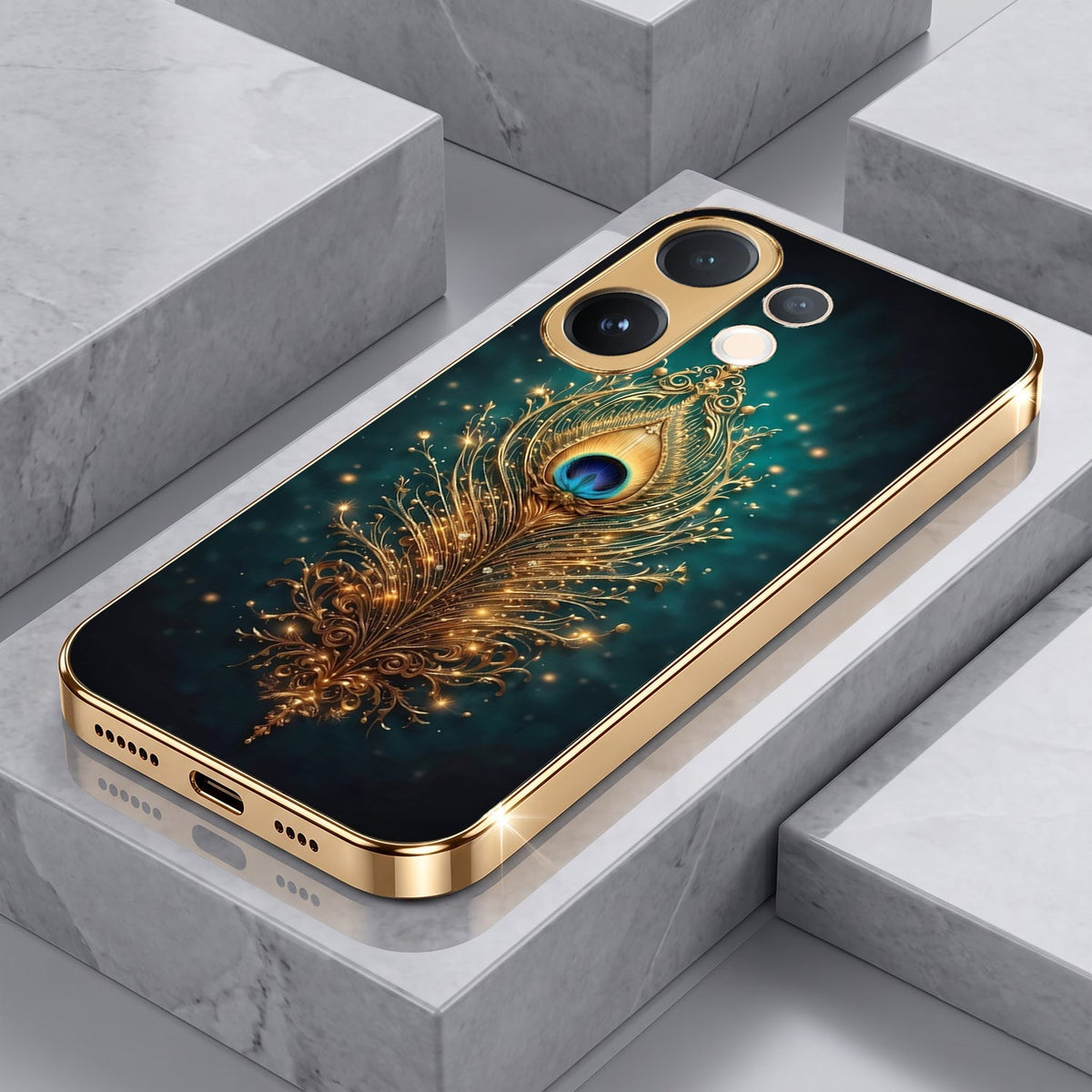 Vivo T4 Pro 5G Golden Peacock Feather Gold Electroplated Glass Phone Back Case