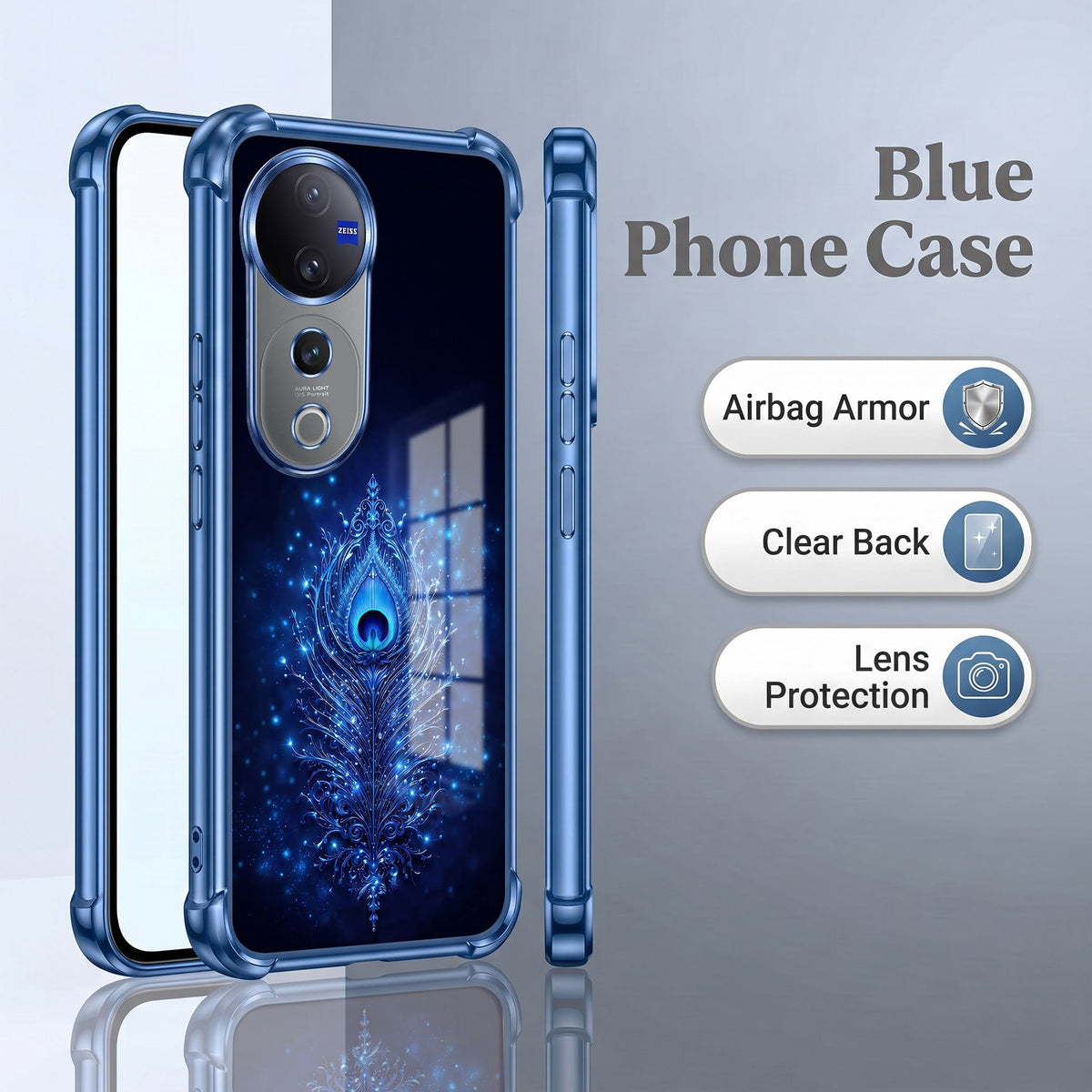 Vivo V40 Pro 5G Premium Peacock Feather Blue Airbags Printed Back Case