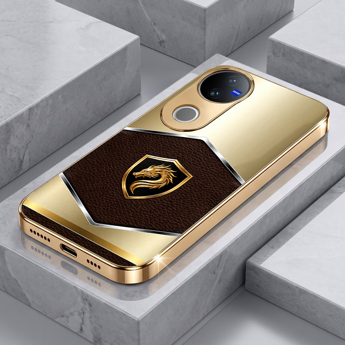 Vivo T4R 5G Dragon Crest Gold Electroplated Glass Phone Back Case