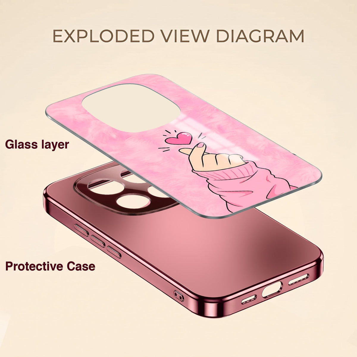 Redmi Note 15 Pro+ 5G Luxury Heart Pink Electroplated Glass Phone Back Case