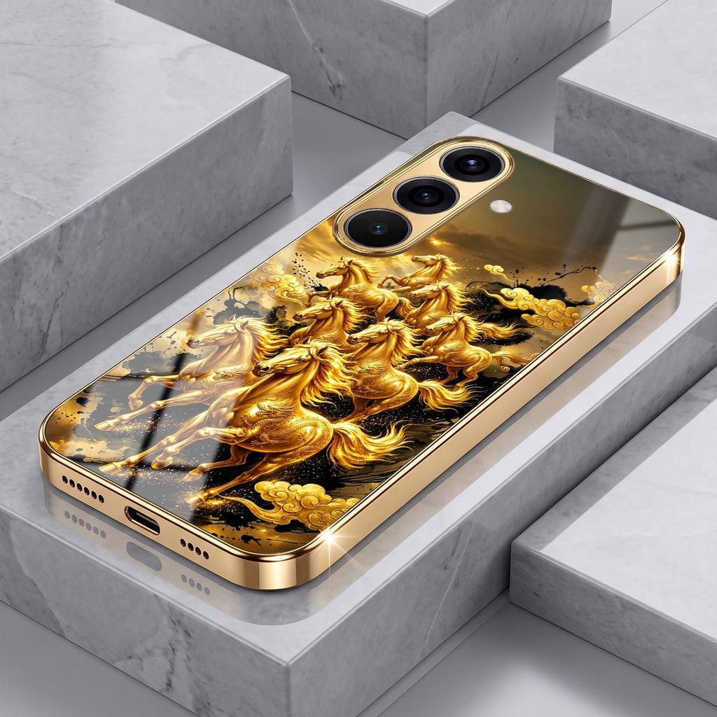 Samsung Galaxy A36 5G Horses Royal Glory Gold Electroplated Glass Phone Back Case