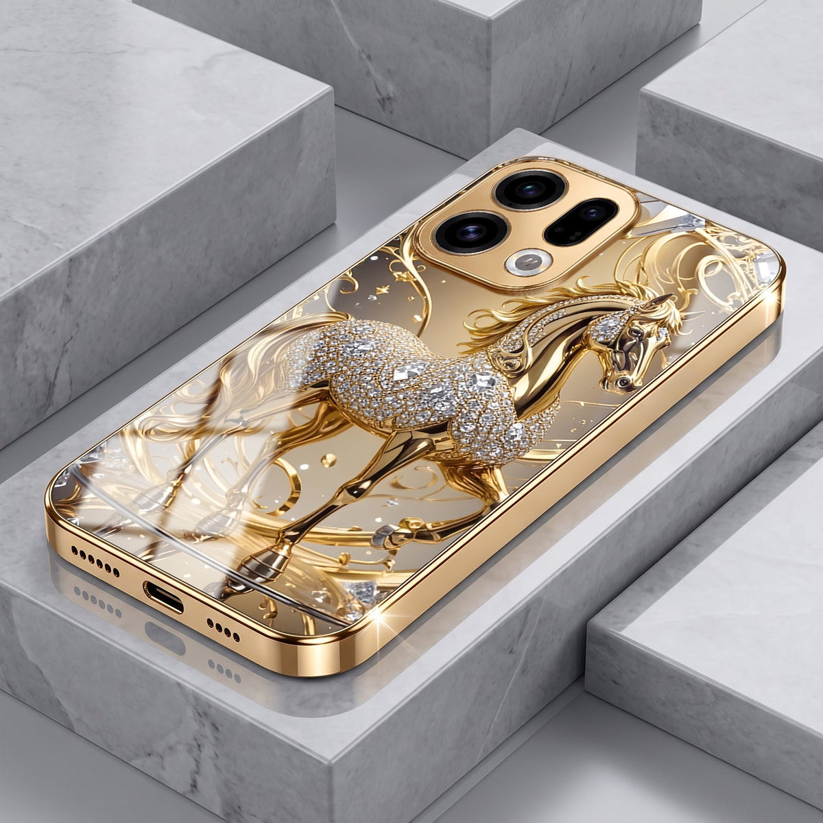 Oppo Find X9 5G Luxury Horse Texture Gold Electroplated Glass Phone Back Case